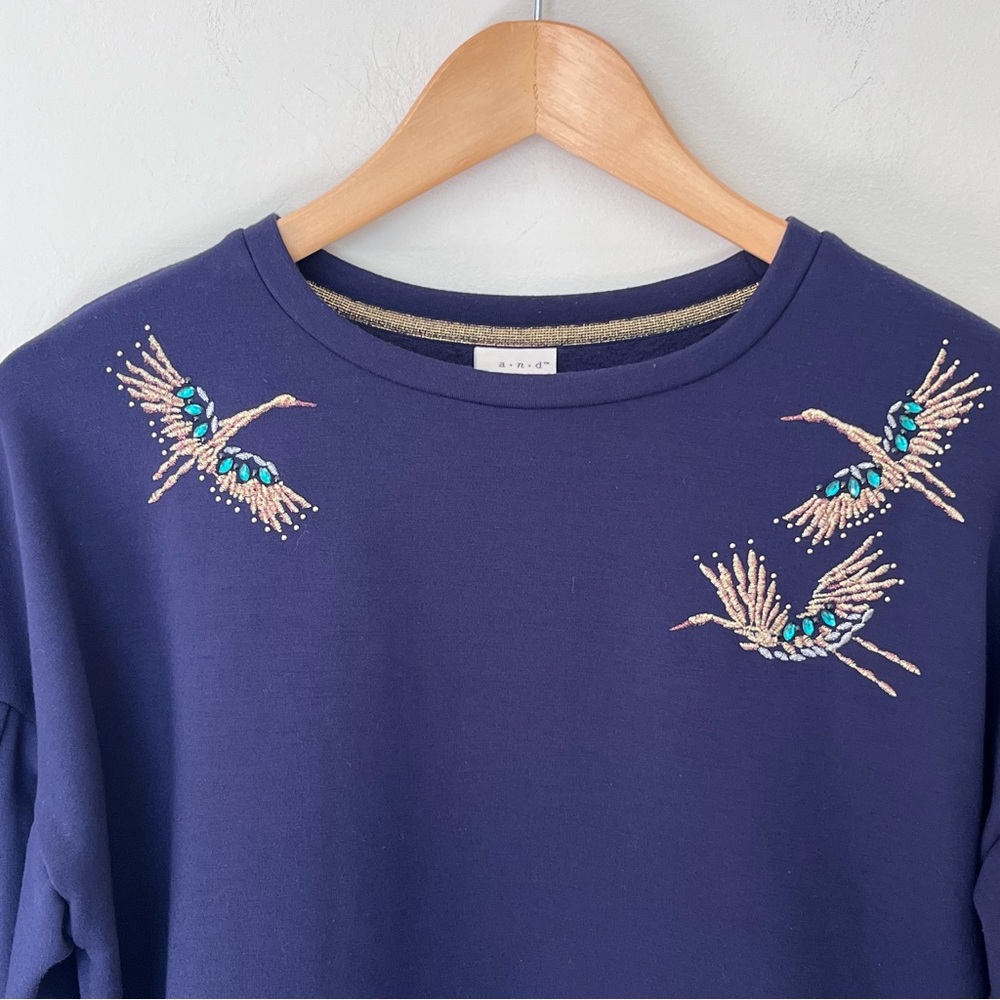 Embellished Crane Pullover Sweatshirt Embroidered Rhinestone Drop Shoulder Large